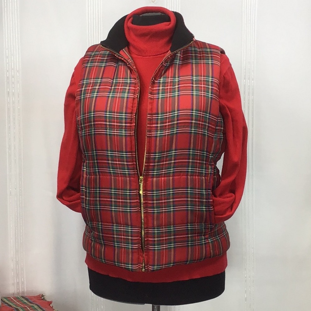 CHAPS Red Plaid Black Velvet Full Zip Pockets Quilted Jacket Vest Sz.L